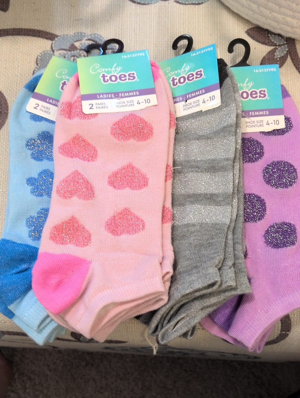 4 Comfy Toes Ladies Crew Socks - Pink Hearts, Blue Flowers, Gray, Purple Dots